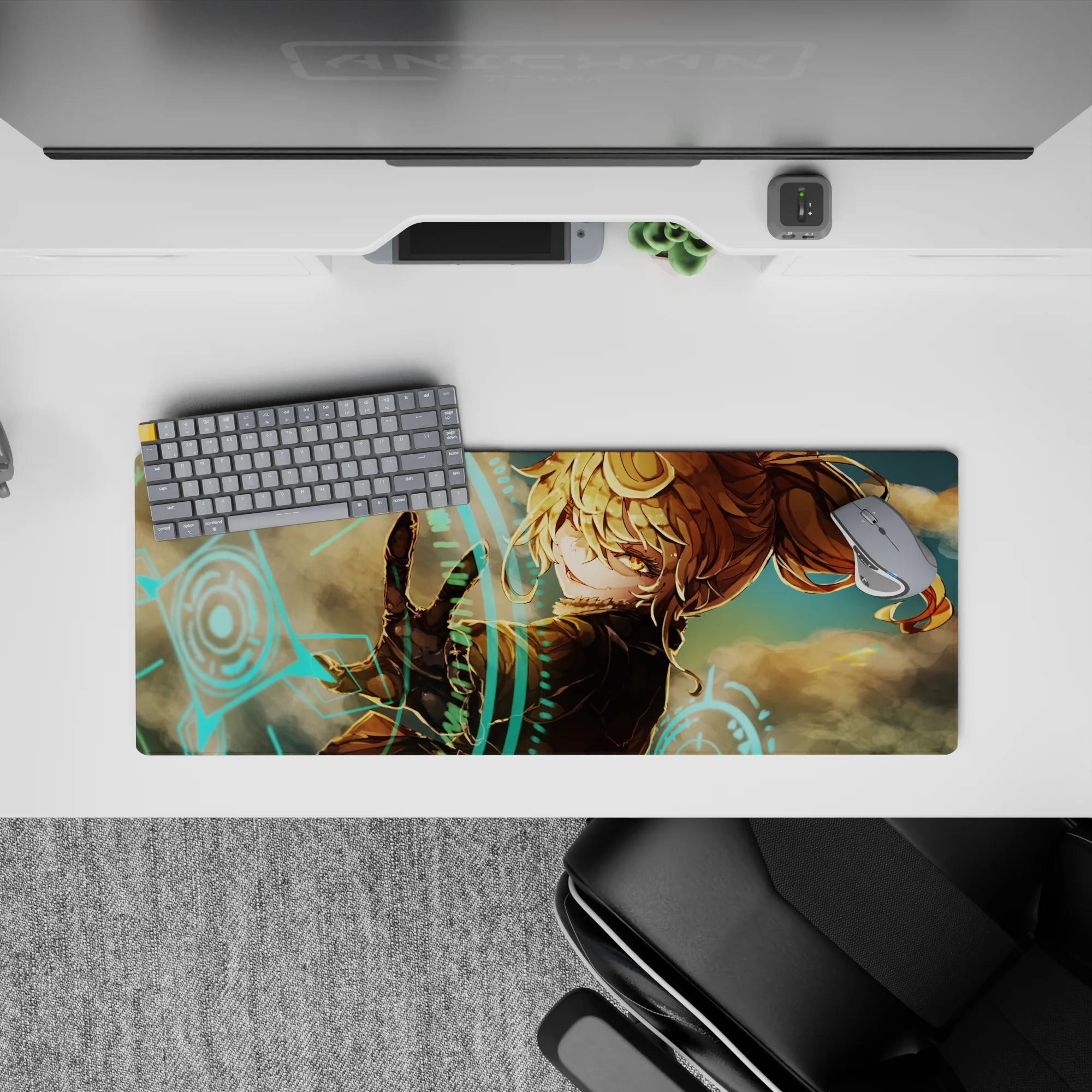32x12 inches anime girl mouse pad in warm amber tones with turquoise neon glow, smoky tech vibe.