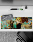 32x12 inches anime girl mouse pad in warm amber tones with turquoise neon glow, smoky tech vibe.