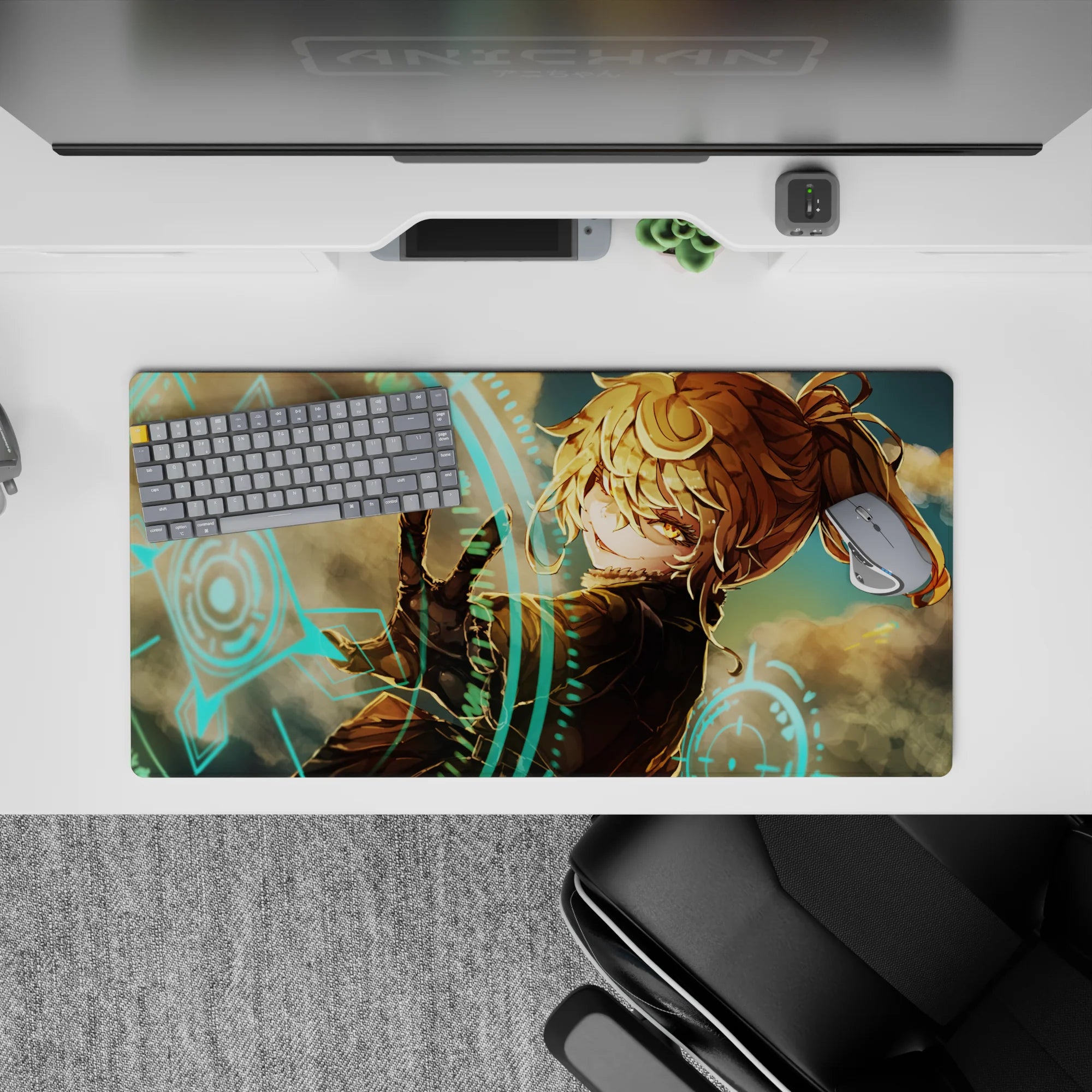 32x16 inches anime girl mouse pad in warm amber tones with neon turquoise glow, smoky tech vibe and drama.