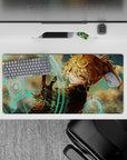 32x16 inches anime girl mouse pad in warm amber tones with neon turquoise glow, smoky tech vibe and drama.