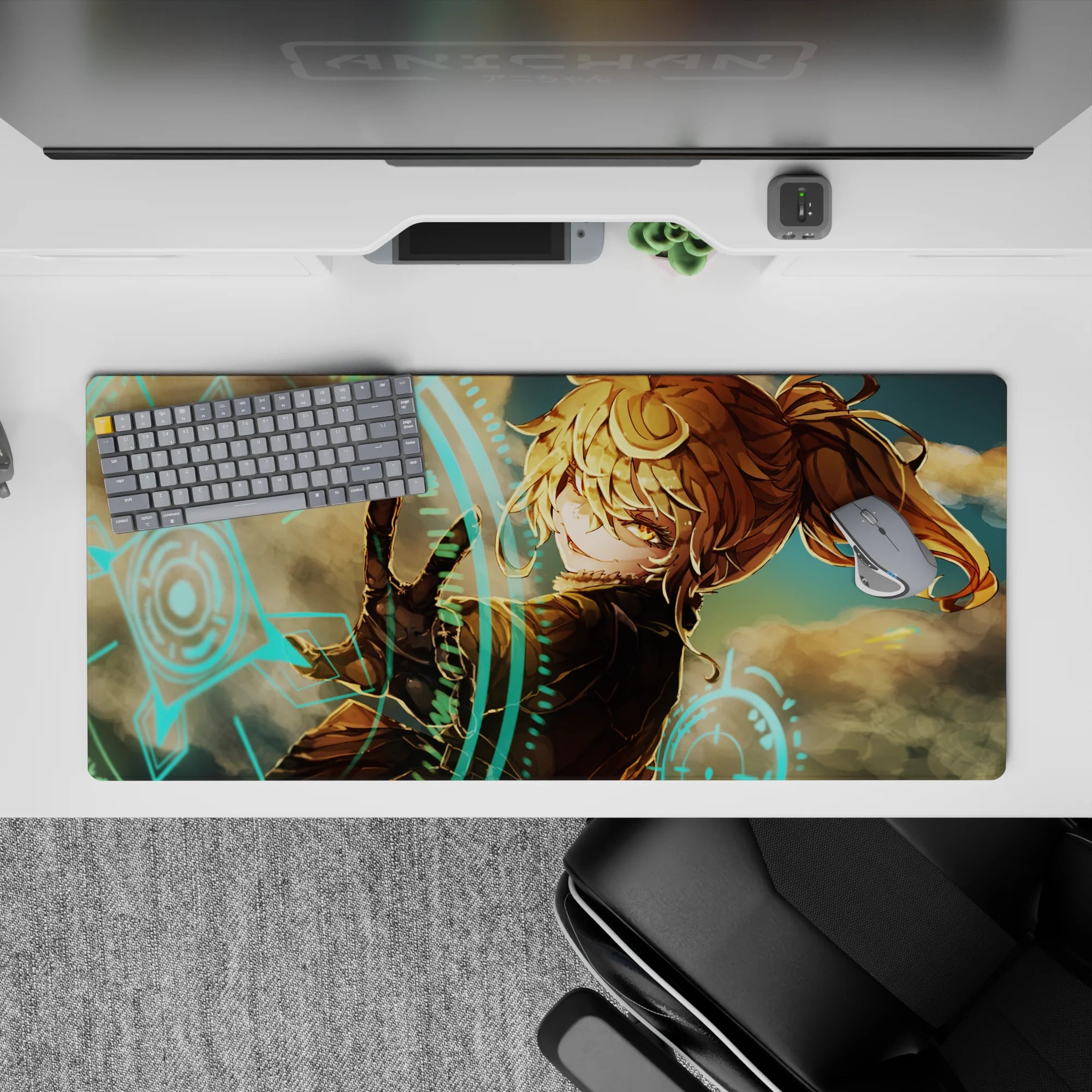 36x16 inches anime desk pad in warm amber tones with neon turquoise glyphs and smoky clouds.