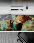 36x16 inches anime desk pad in warm amber tones with neon turquoise glyphs and smoky clouds.