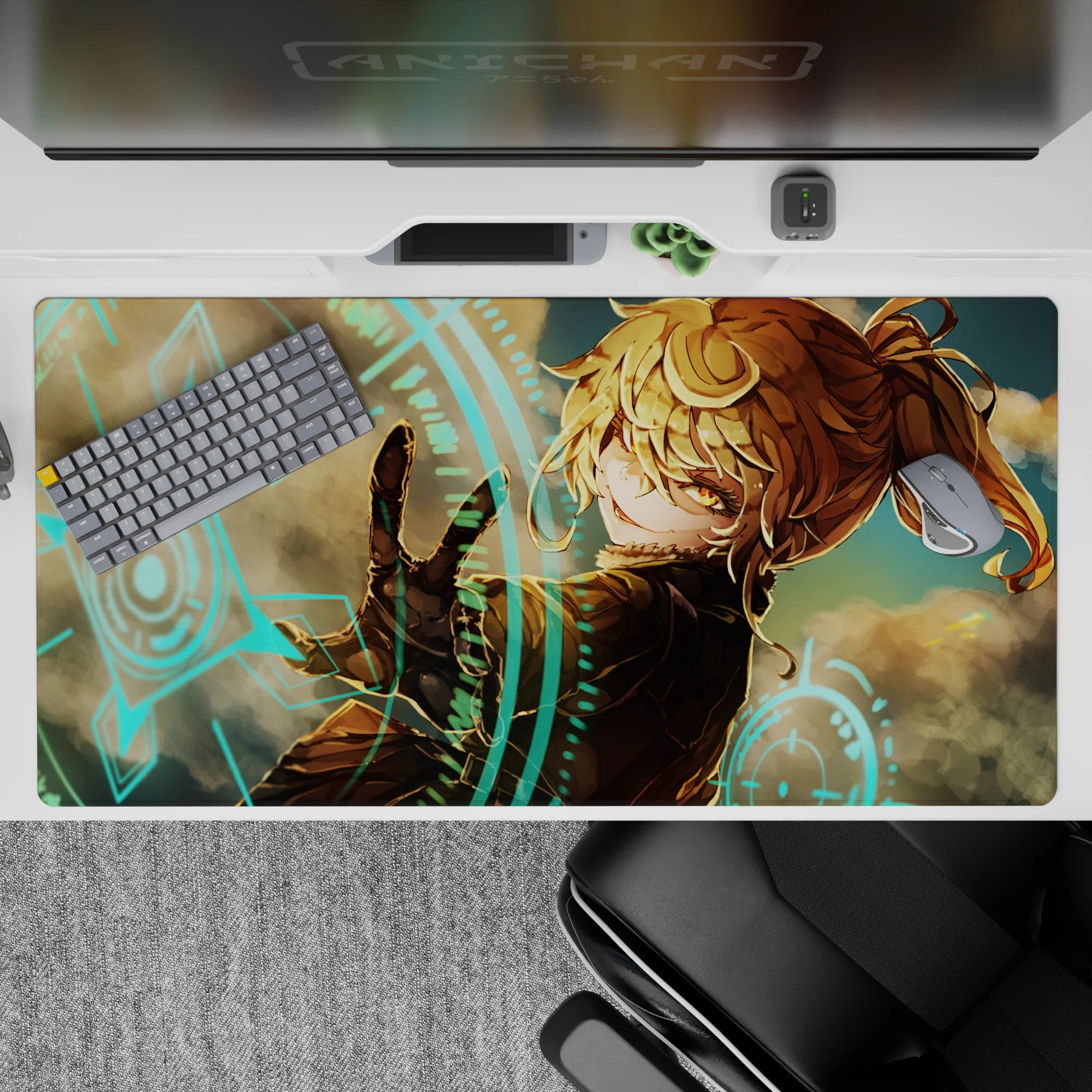 40x20 inches anime desk pad in warm amber tones with neon turquoise accents and smoky cyber vibe.