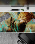 40x20 inches anime desk pad in warm amber tones with neon turquoise accents and smoky cyber vibe.