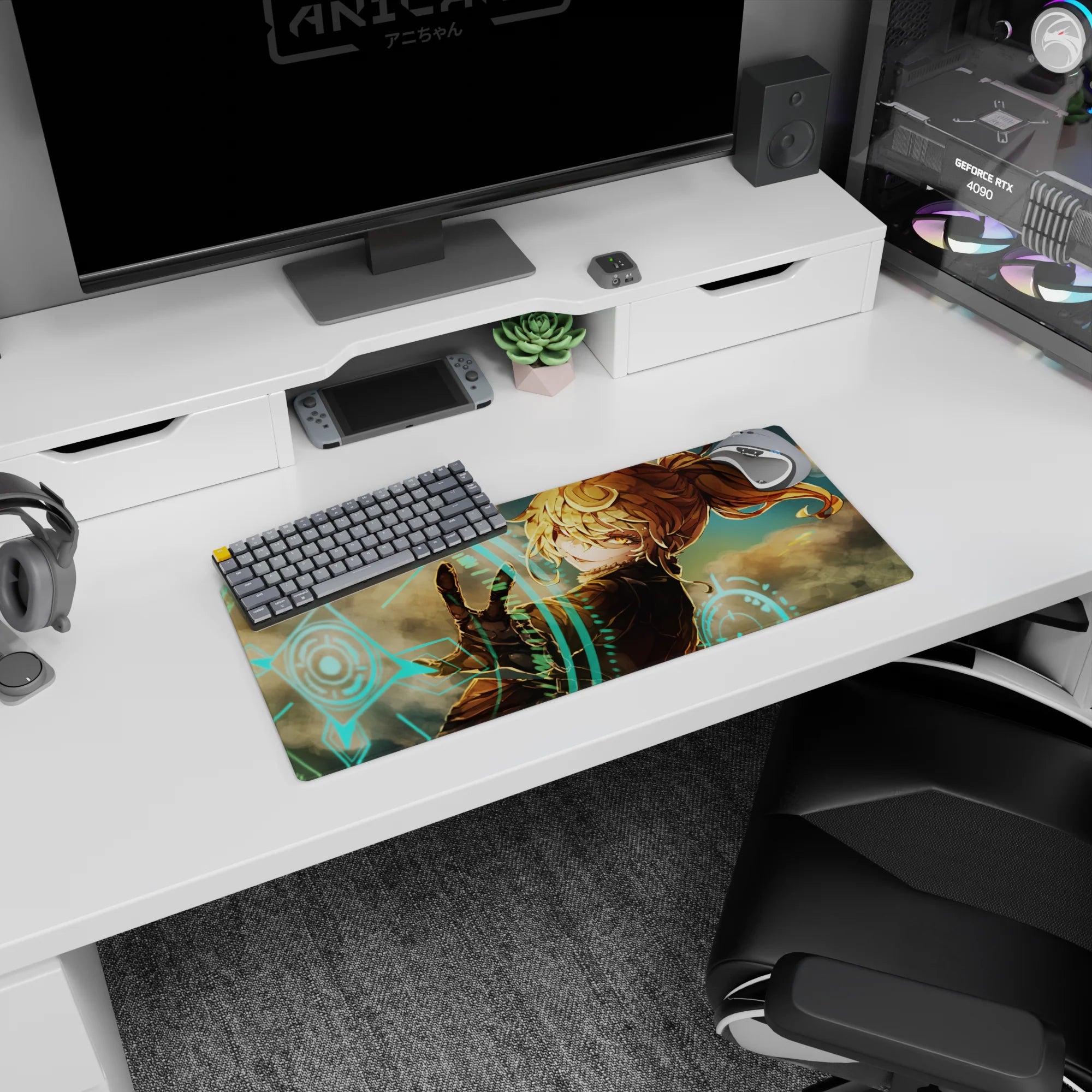 Confident blonde anime girl looking back, gloved hand reaching forward on 28x12 inches mouse pad.