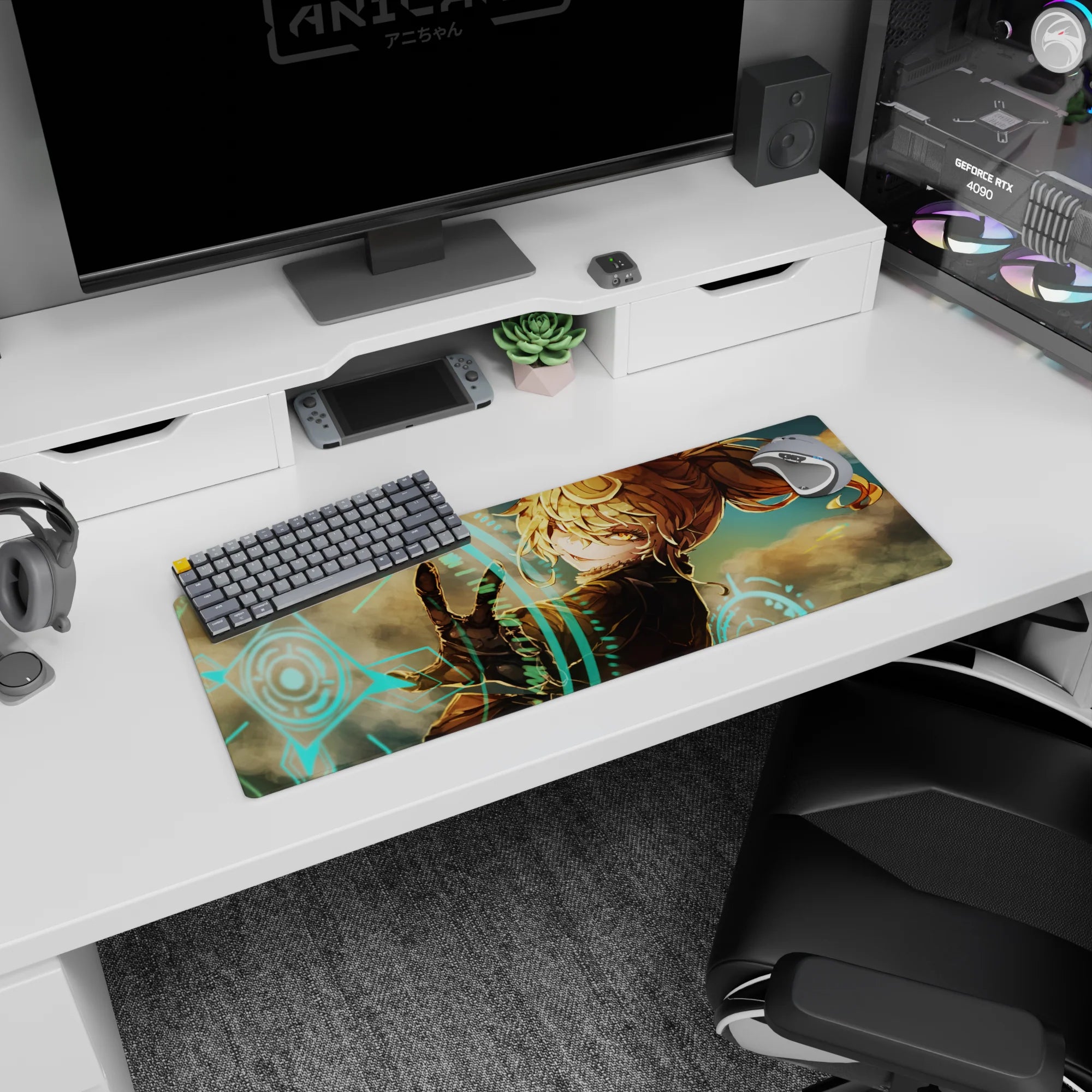Anime girl mouse pad 32x12 inches showing a teasing back-glance, gloved hand reaching out through neon clouds.