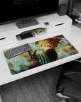 32x16 inches anime girl mouse pad showing a ponytailed girl looking back, gloved hand reaching forward.
