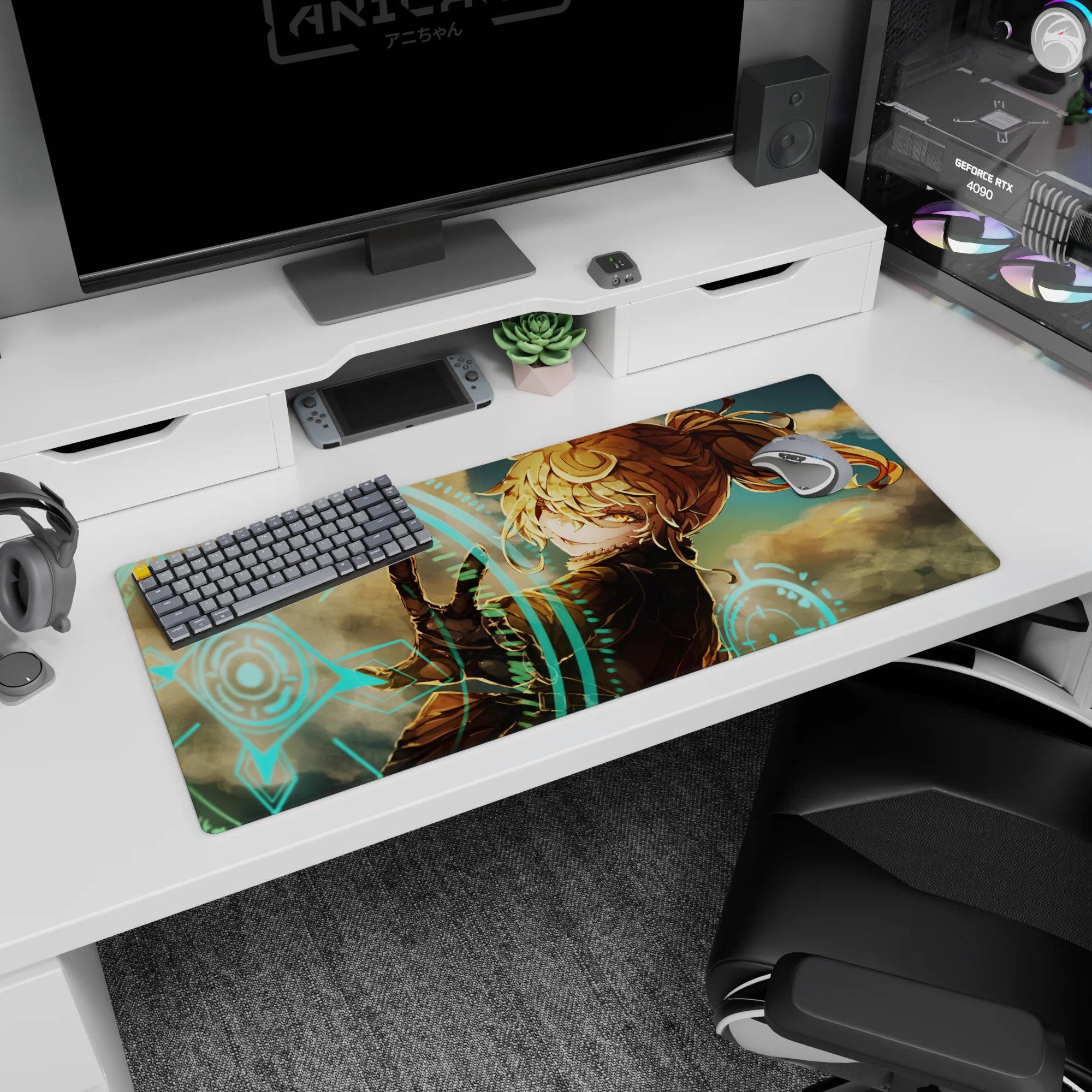 36x16 inches anime girl mouse pad showing a gloved hand reaching out, teasing look, ponytail.