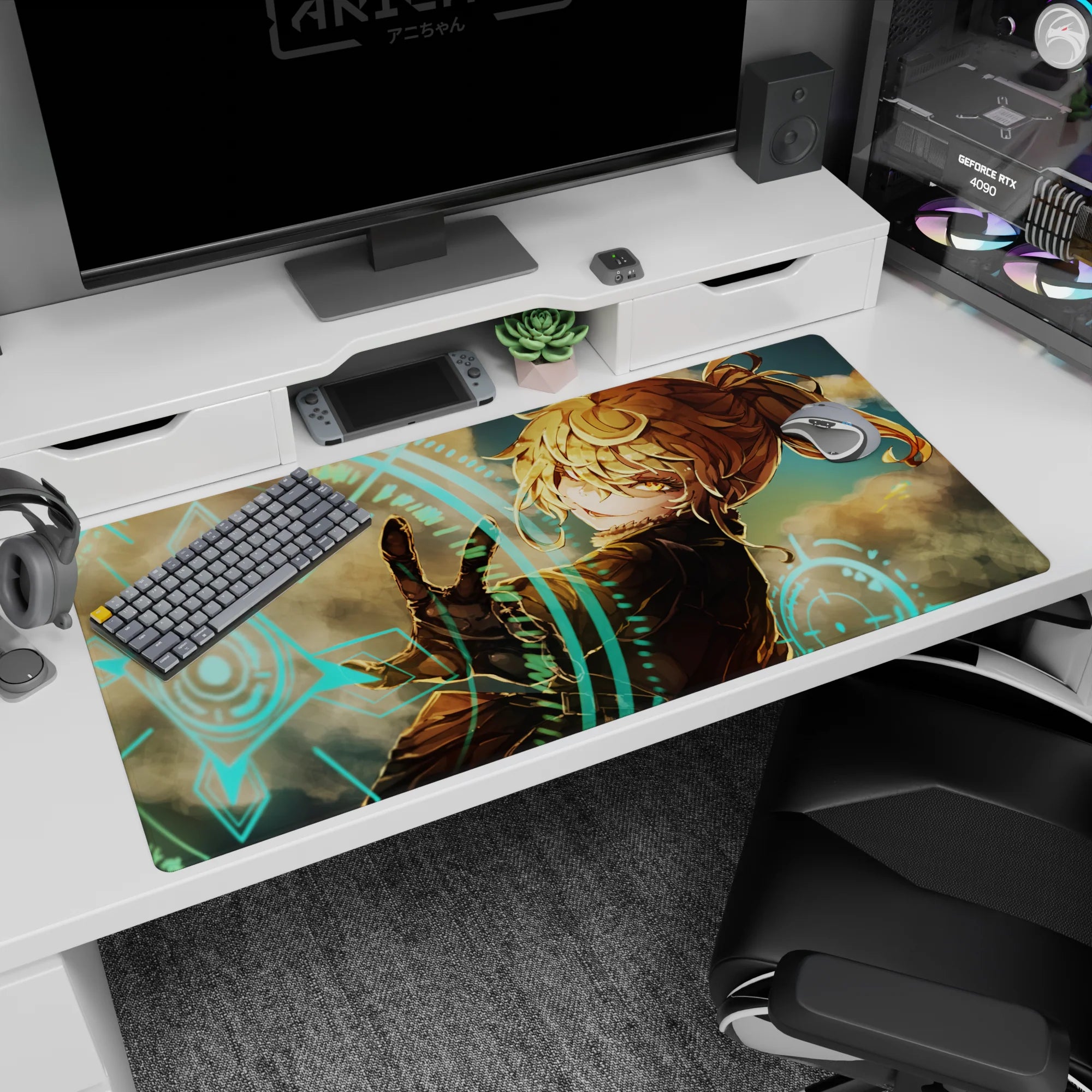 40x20 inches anime girl desk pad showing a teasing back glance, gloved hand reaching out through mist.