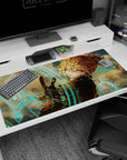 40x20 inches anime girl desk pad showing a teasing back glance, gloved hand reaching out through mist.