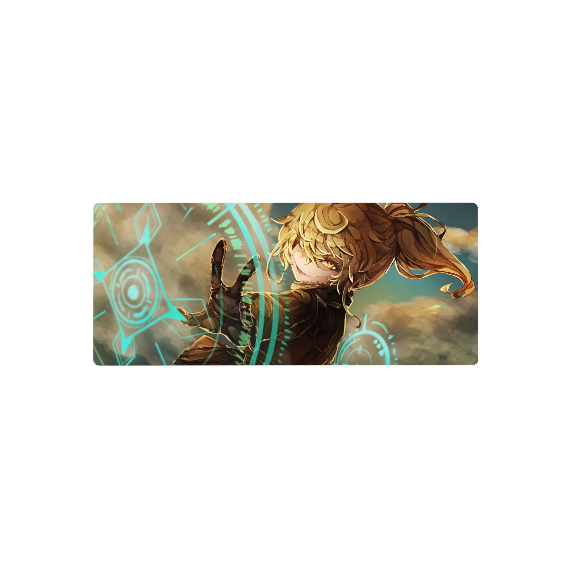 Anime girl mouse pad 28x12 inches with blonde ponytail, dark outfit, and glowing sci-fi rings.