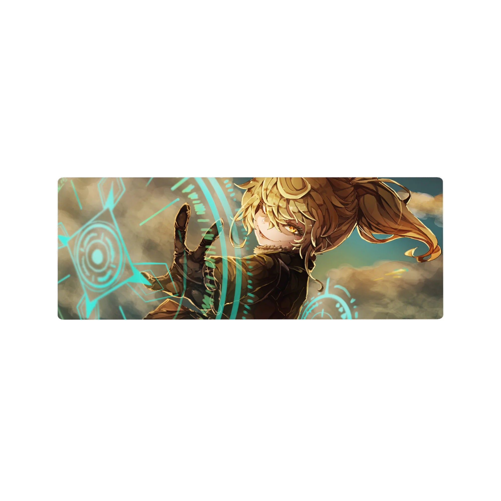 Anime girl mouse pad 32x12 inches with high ponytail heroine, dark suit, glowing sci-fi rings and glyphs.