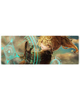 Anime girl mouse pad 32x12 inches with high ponytail heroine, dark suit, glowing sci-fi rings and glyphs.