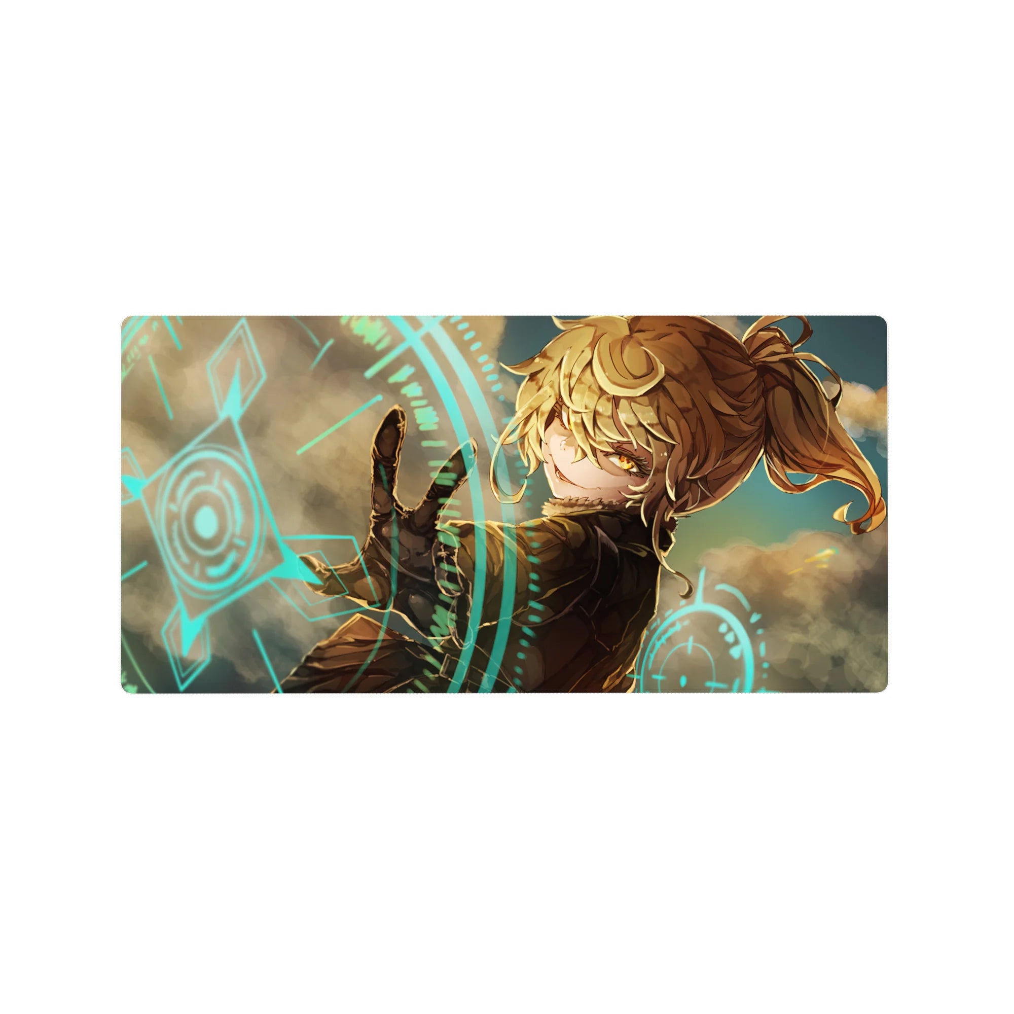 32x16 inches anime girl mouse pad with high ponytail heroine, dark outfit, glowing sci‑fi rings and glyphs.