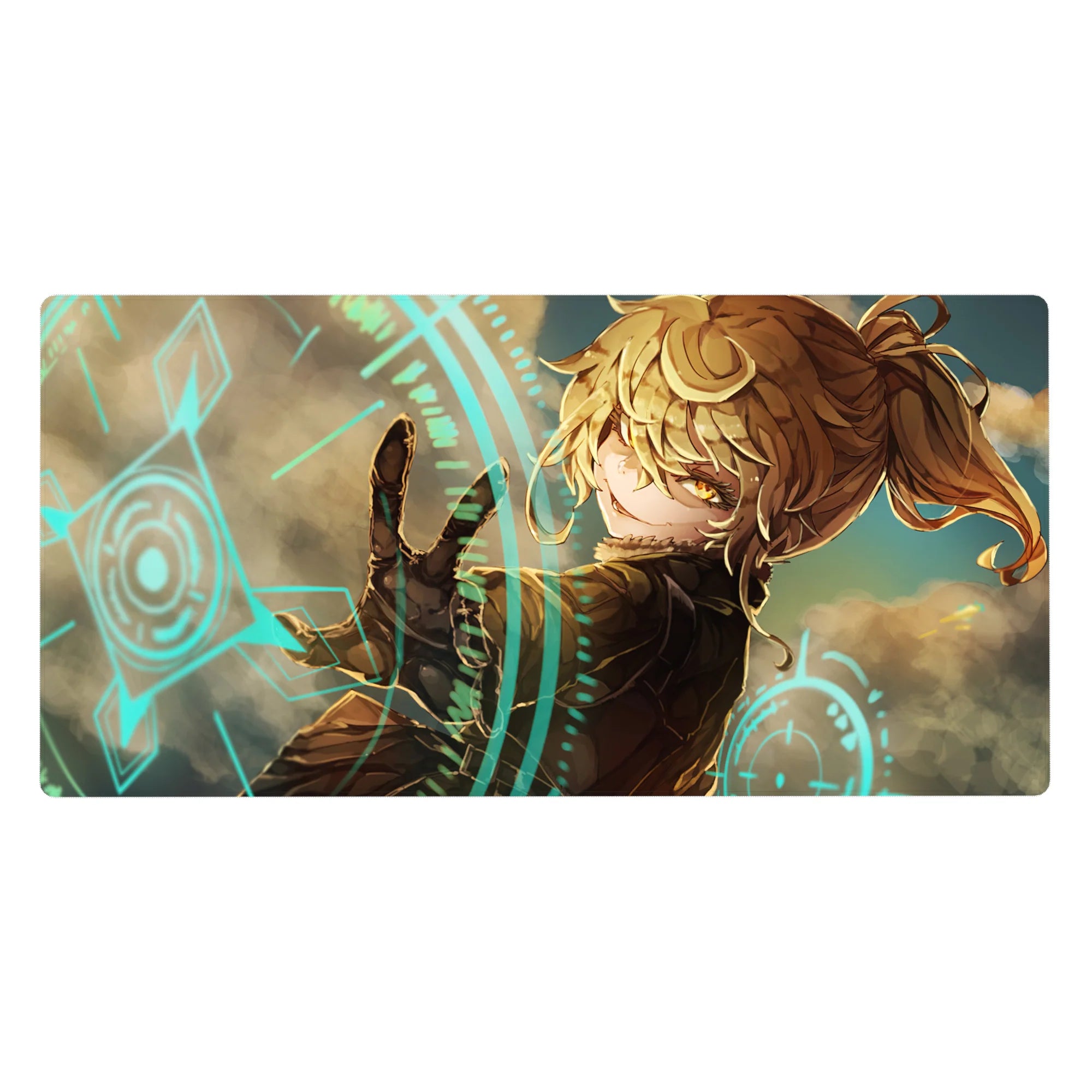 Anime girl desk pad 40x20 inches with high ponytail, dark outfit, glowing sci-fi rings and glyphs.