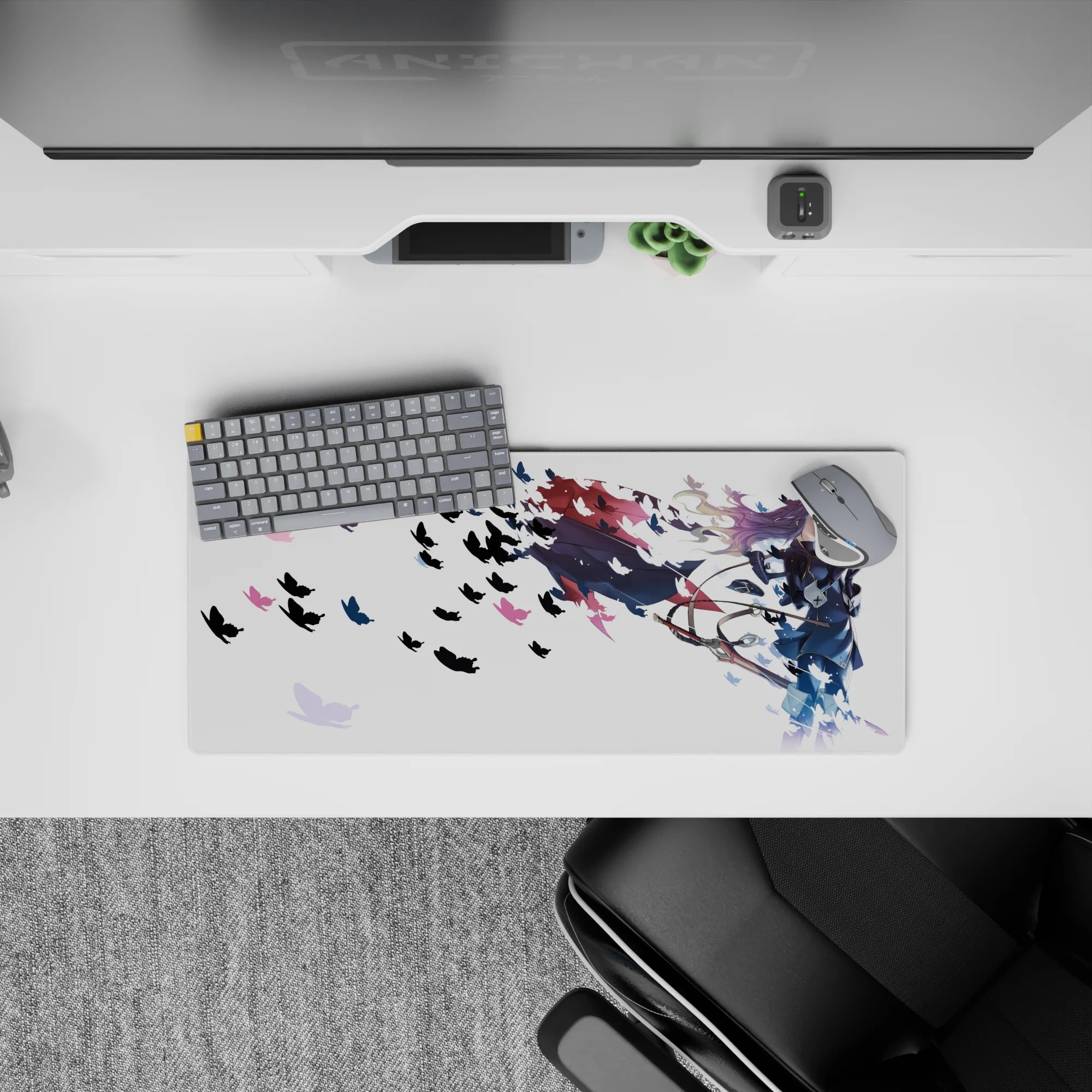 28x12 inches anime girl mouse pad in dreamy white, purple, pink and blue, calm minimalist desk mat with butterflies.