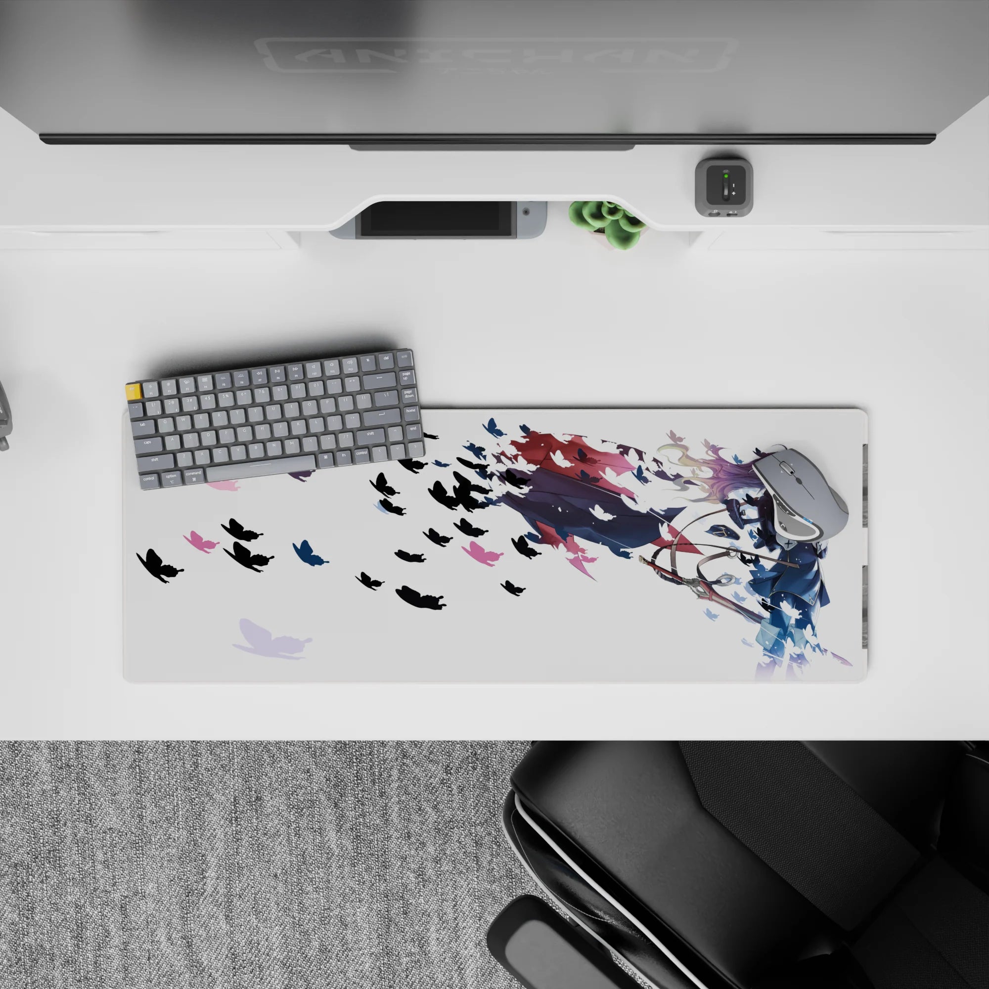 32x12 inches anime desk mat in dreamy white with soft butterflies and pink-blue accents, calm power vibe.