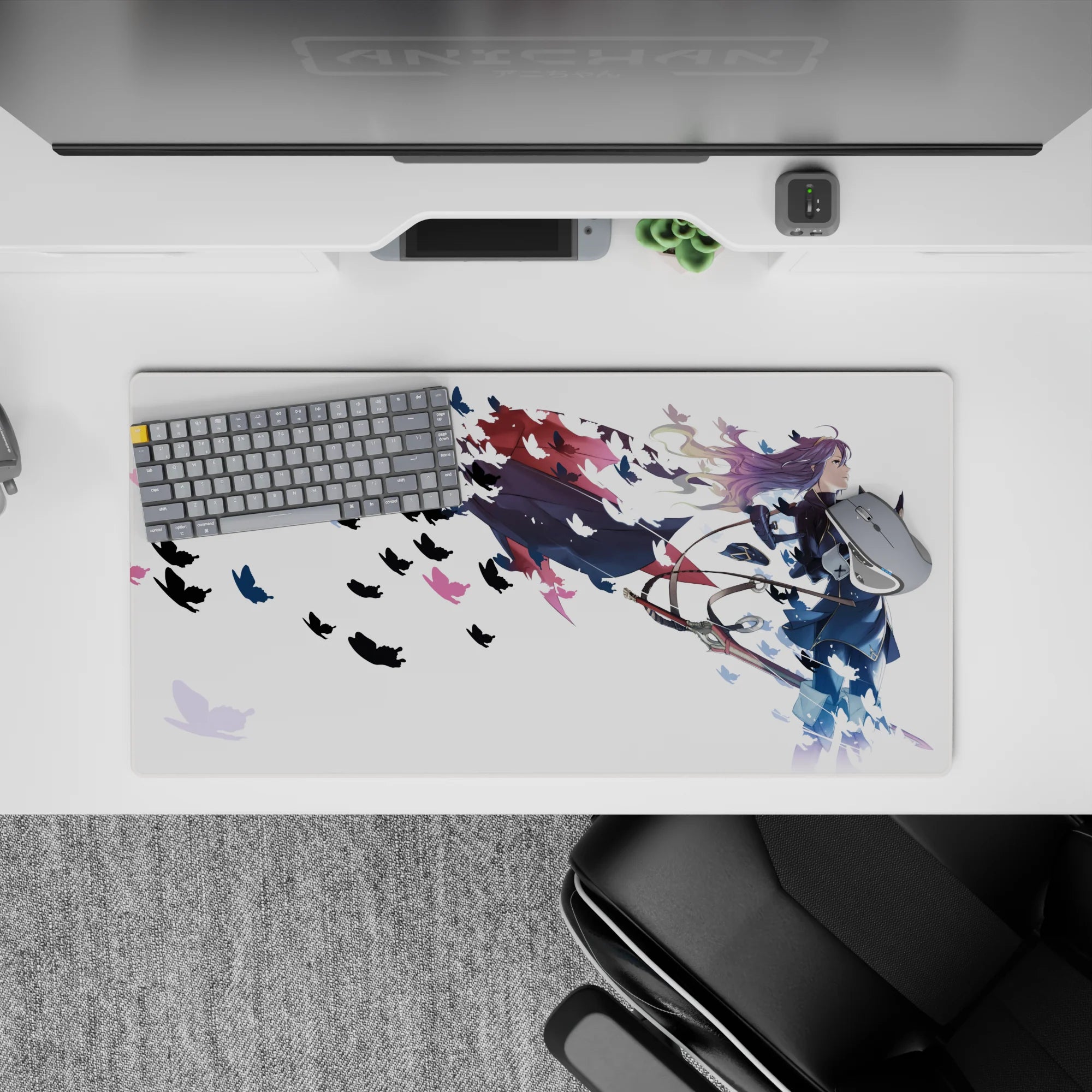 32x16 inches anime girl mouse pad in calm dreamy tones, white background with pink/blue accents and butterflies.