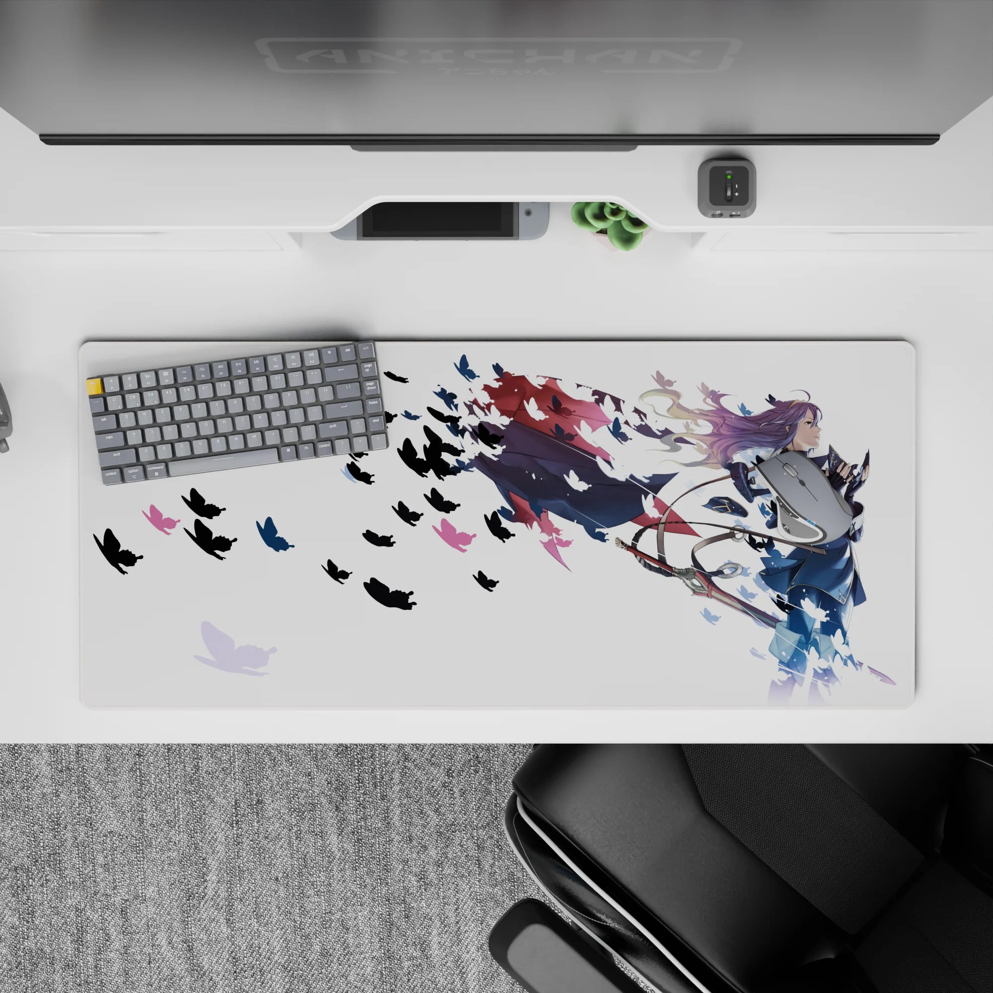 Calm, dreamy anime girl desk pad 36x16 inches in purple and navy with pink-blue pops on white.