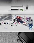 Calm, dreamy anime girl desk pad 36x16 inches in purple and navy with pink-blue pops on white.