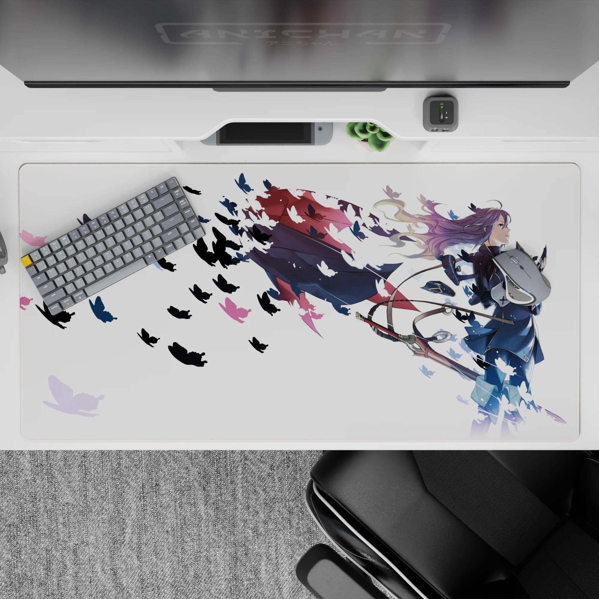 Dreamy white anime desk pad 40x20 inches with soft butterflies and pink-blue pops, calm vibe.