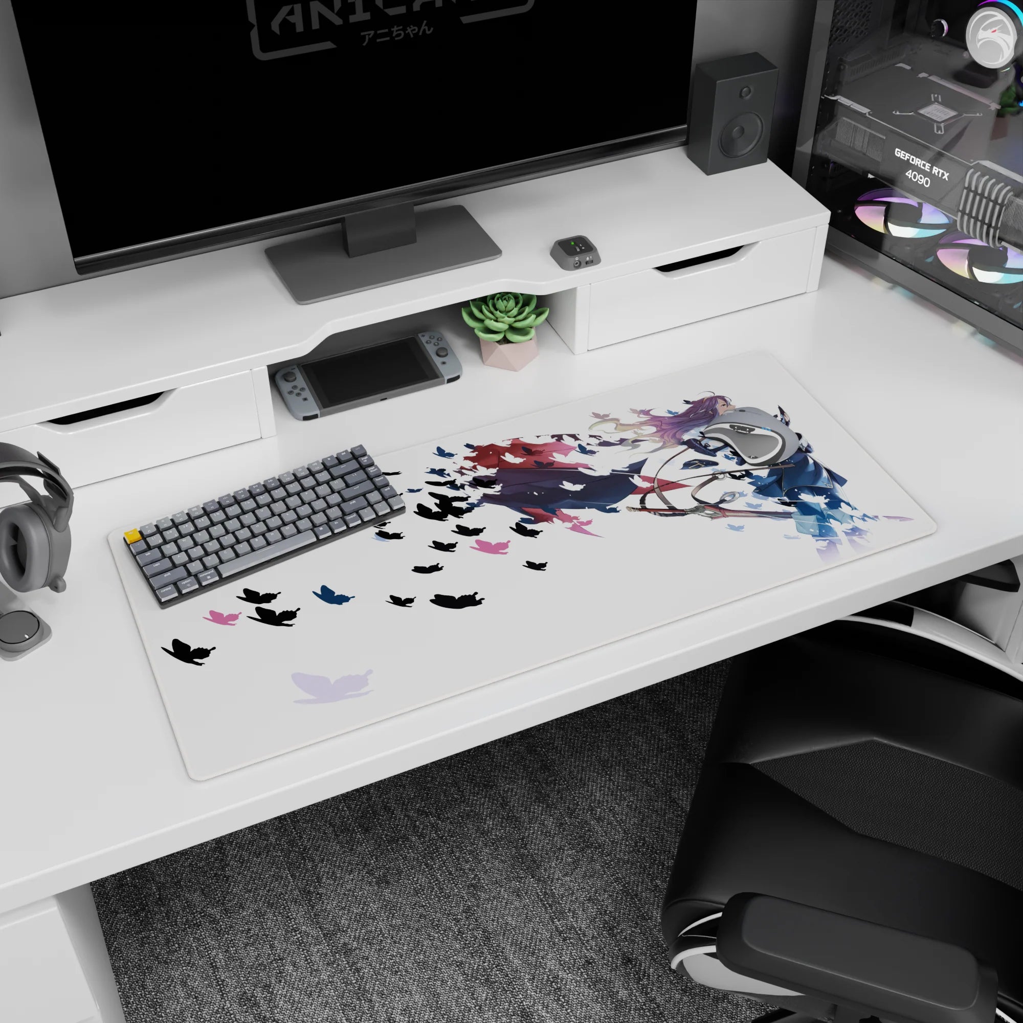 Purple-haired archer anime girl desk pad 36x16 inches, flowing cape like paint on a clean white scene.