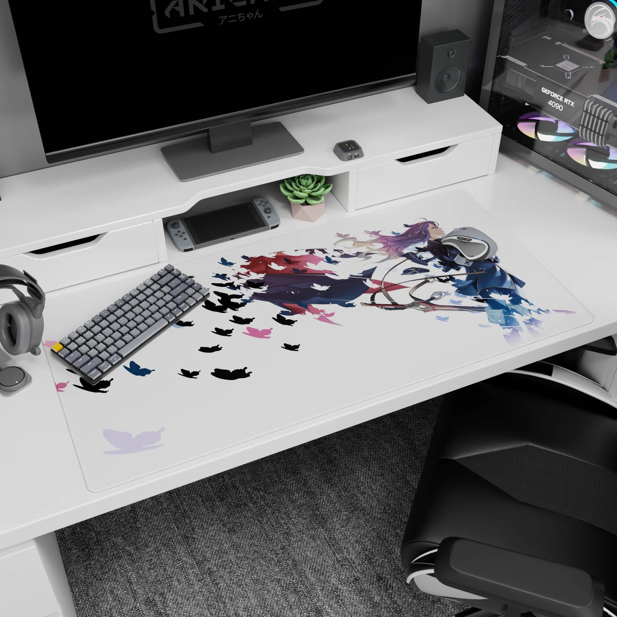 Purple-haired anime archer on desk pad 40x20 inches, cape sweeping like paint on white backdrop.