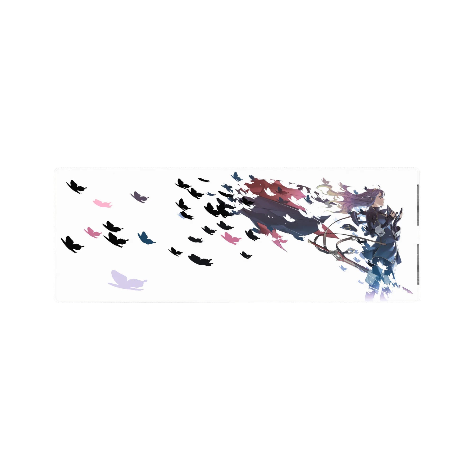 32x12 inches anime girl mouse pad with purple-haired archer, navy outfit and cape, butterfly background.