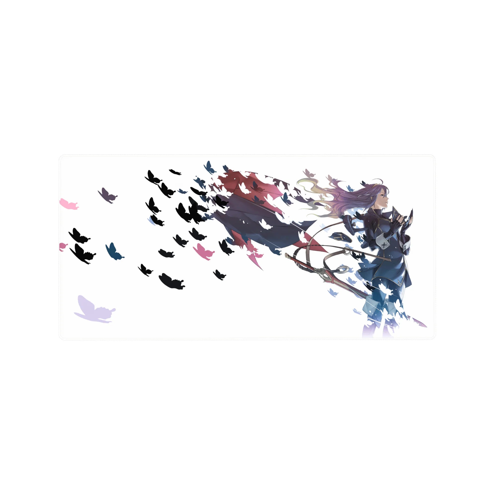 32x16 inches anime girl mouse pad with purple-haired archer, navy outfit and cape, butterflies on white.