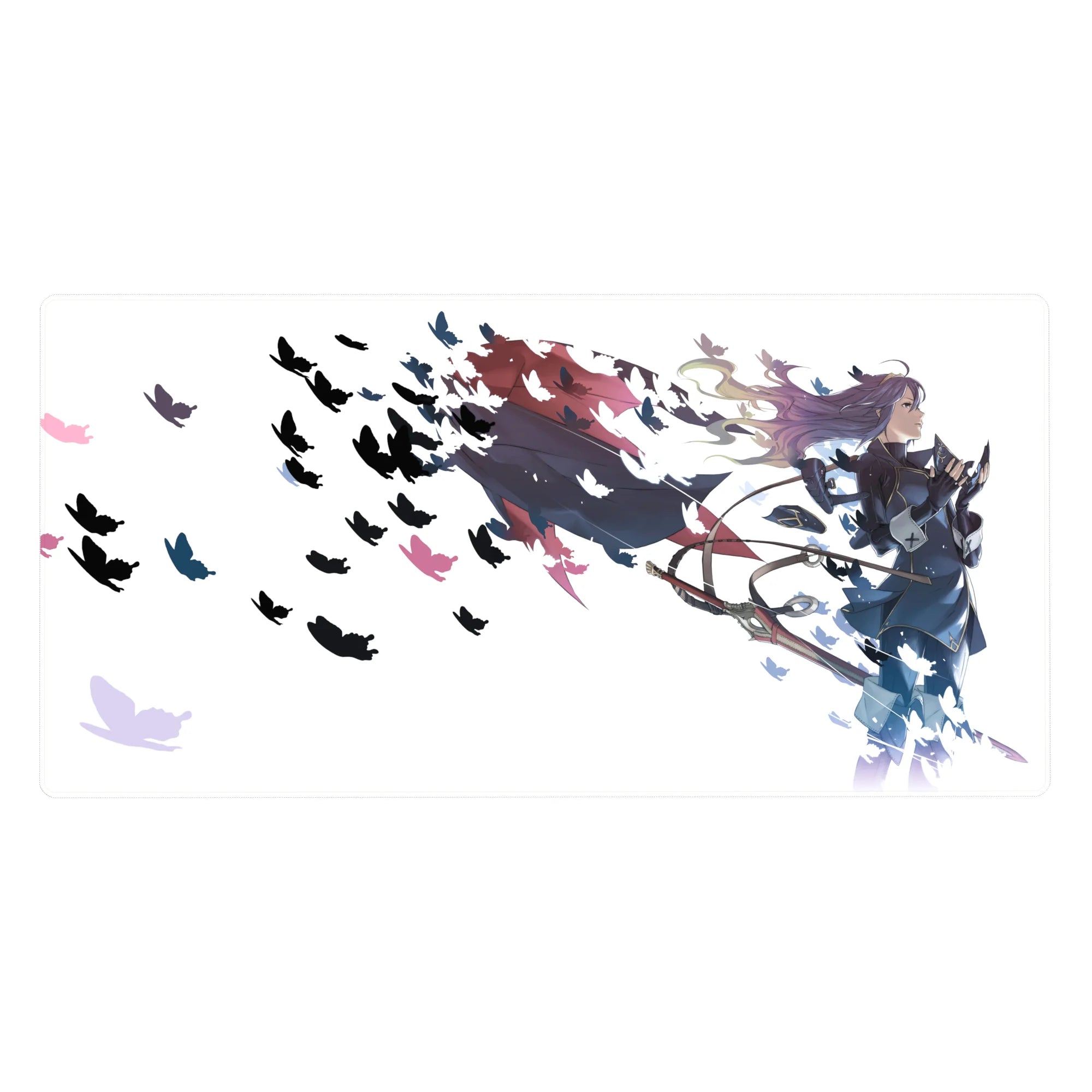 Anime girl desk pad 40x20 inches with purple-haired archer, navy outfit, flowing cape, butterflies.