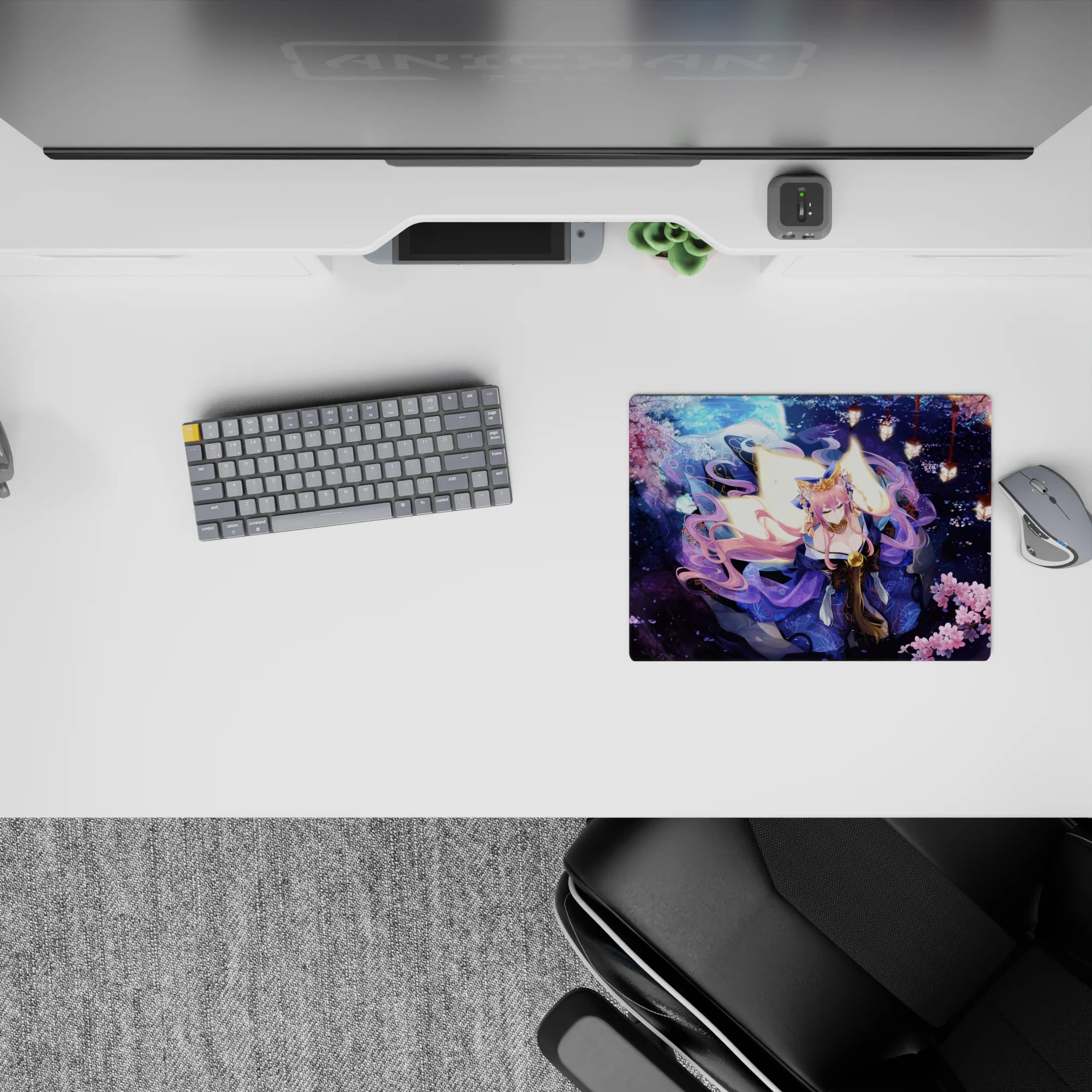 Cozy midnight-blue and pink anime mouse pad 14x10 inches with gold accents and soft lantern glow.