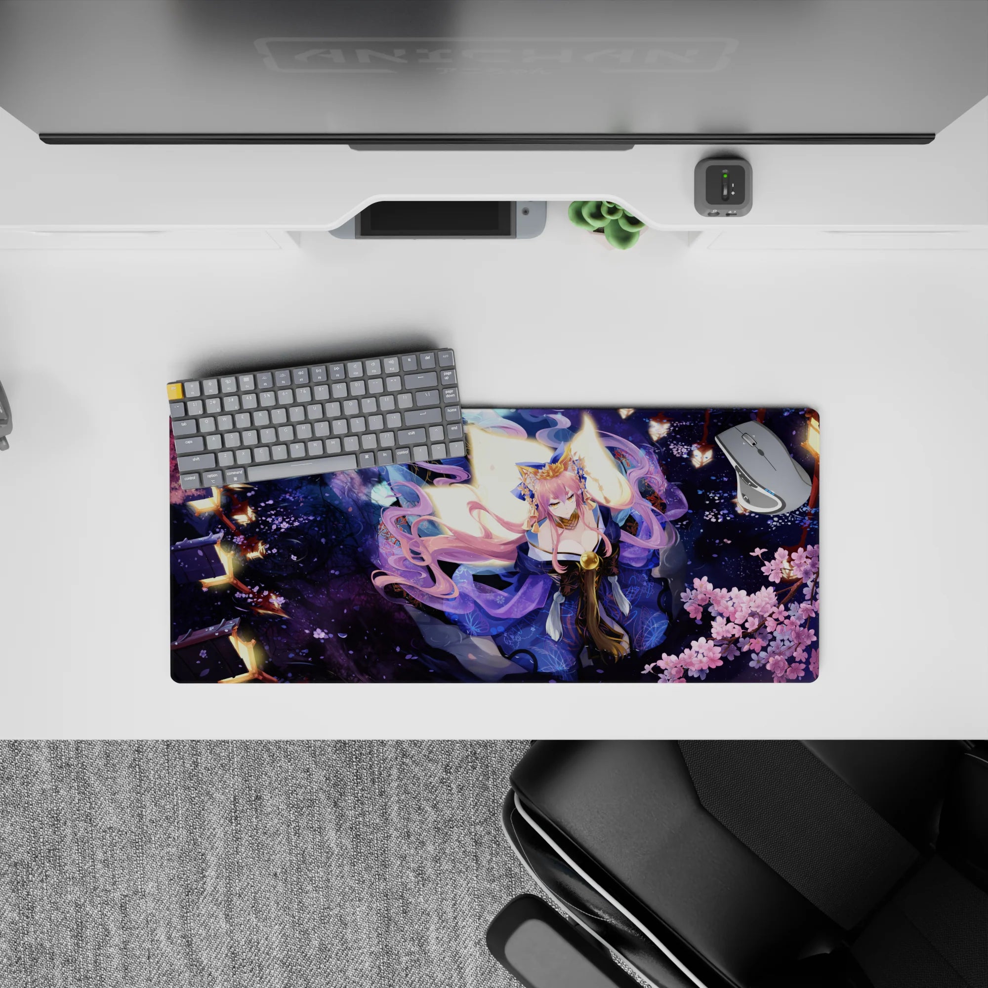 Cozy dramatic 28x12 inches anime mouse pad in midnight blue, pink hair, purple kimono, gold highlights.