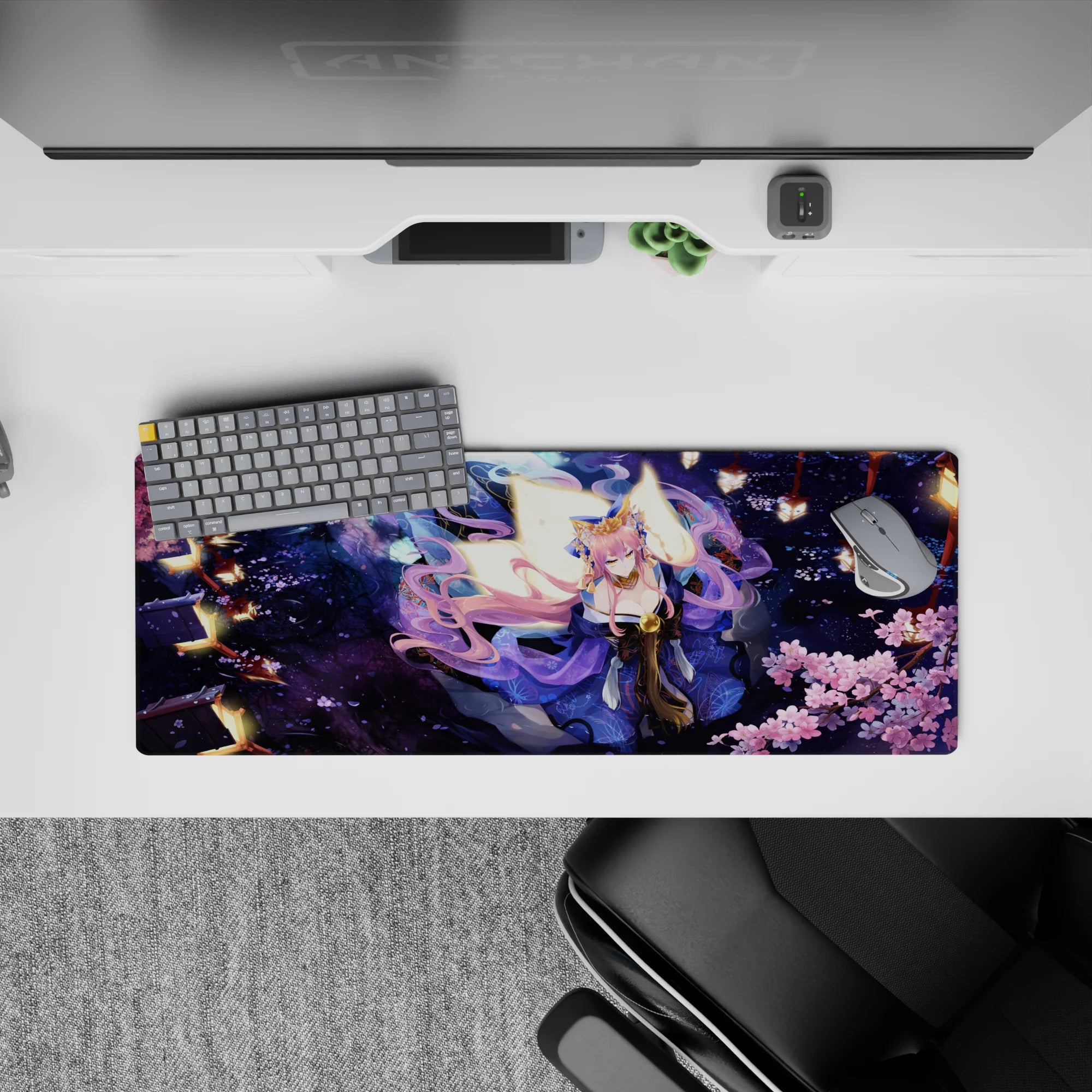 32x12 inches anime mouse pad in midnight blue with pink and purple shimmer, cozy dramatic lantern glow.