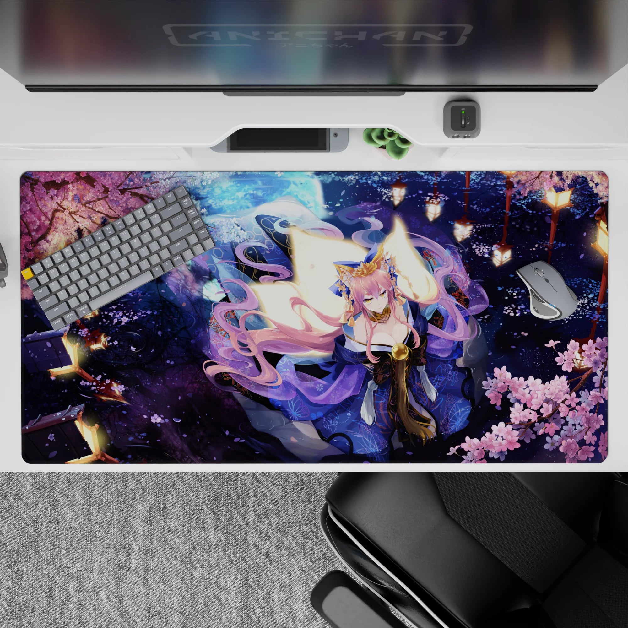 Cozy midnight blue and pink desk pad 40x20 inches with gold highlights and soft lantern glow.