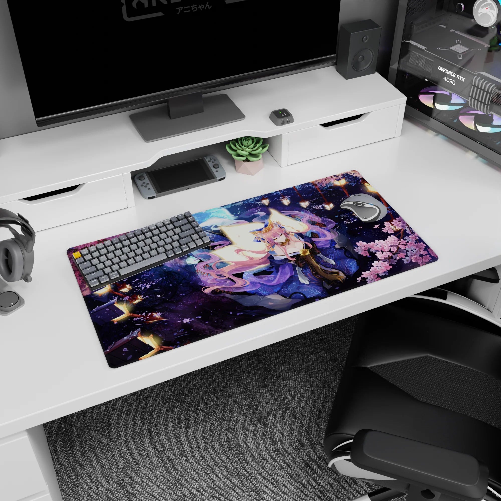 32x16 inches Tamamo no Mae Fate/Grand Order mouse pad, pink-haired fox girl in kimono under sakura.