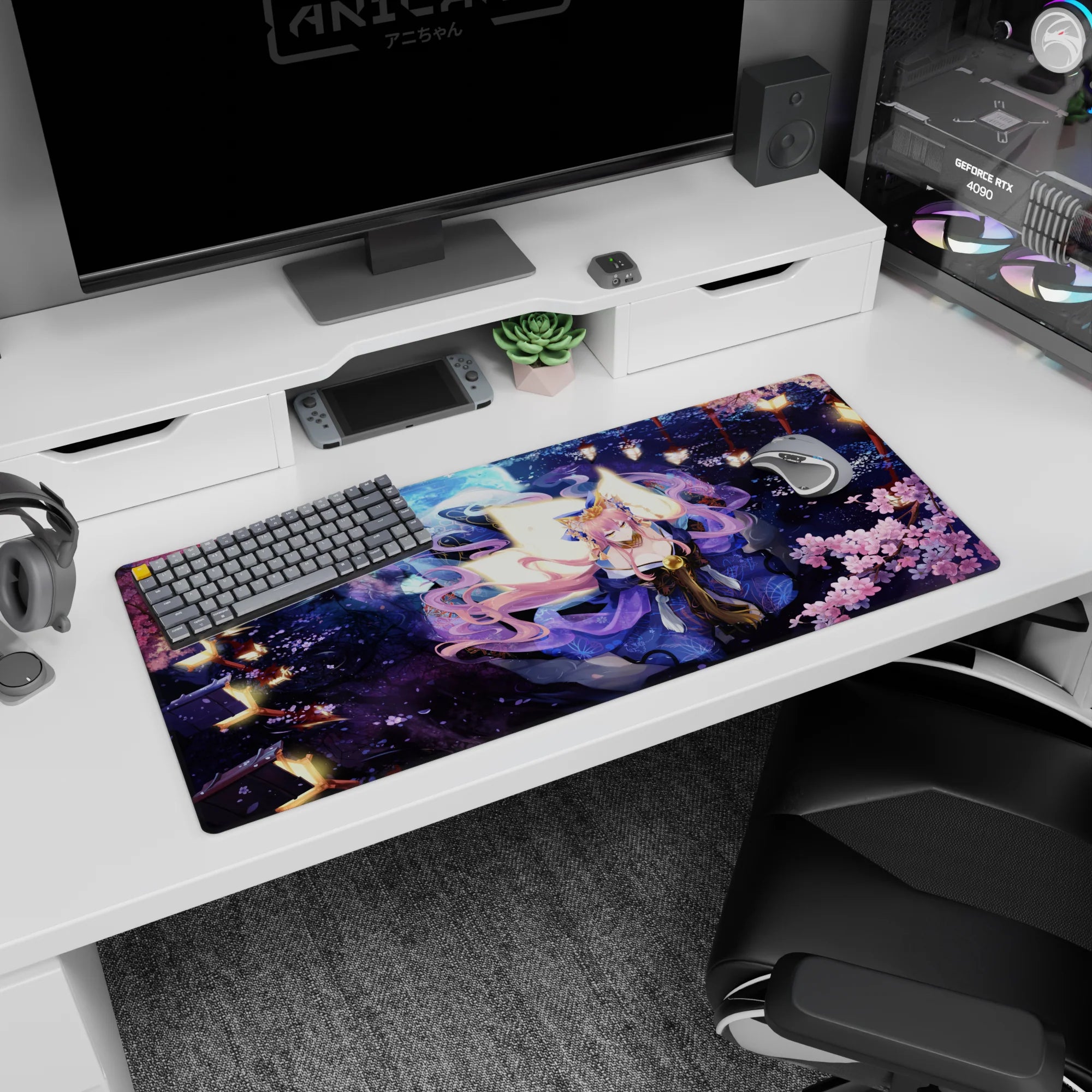 36x16 inches Fate/Grand Order desk pad featuring Tamamo no Mae in a purple kimono under drifting sakura.