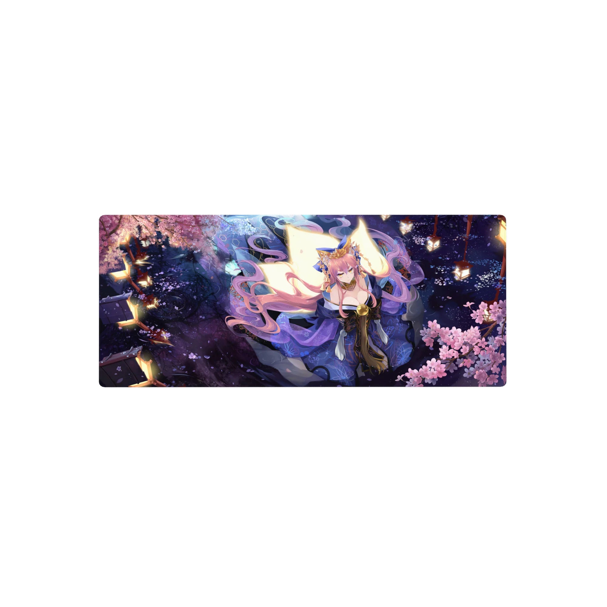Anime girl mouse pad 28x12 inches with lantern-lit festival art, sakura petals, kimono details, crisp print.