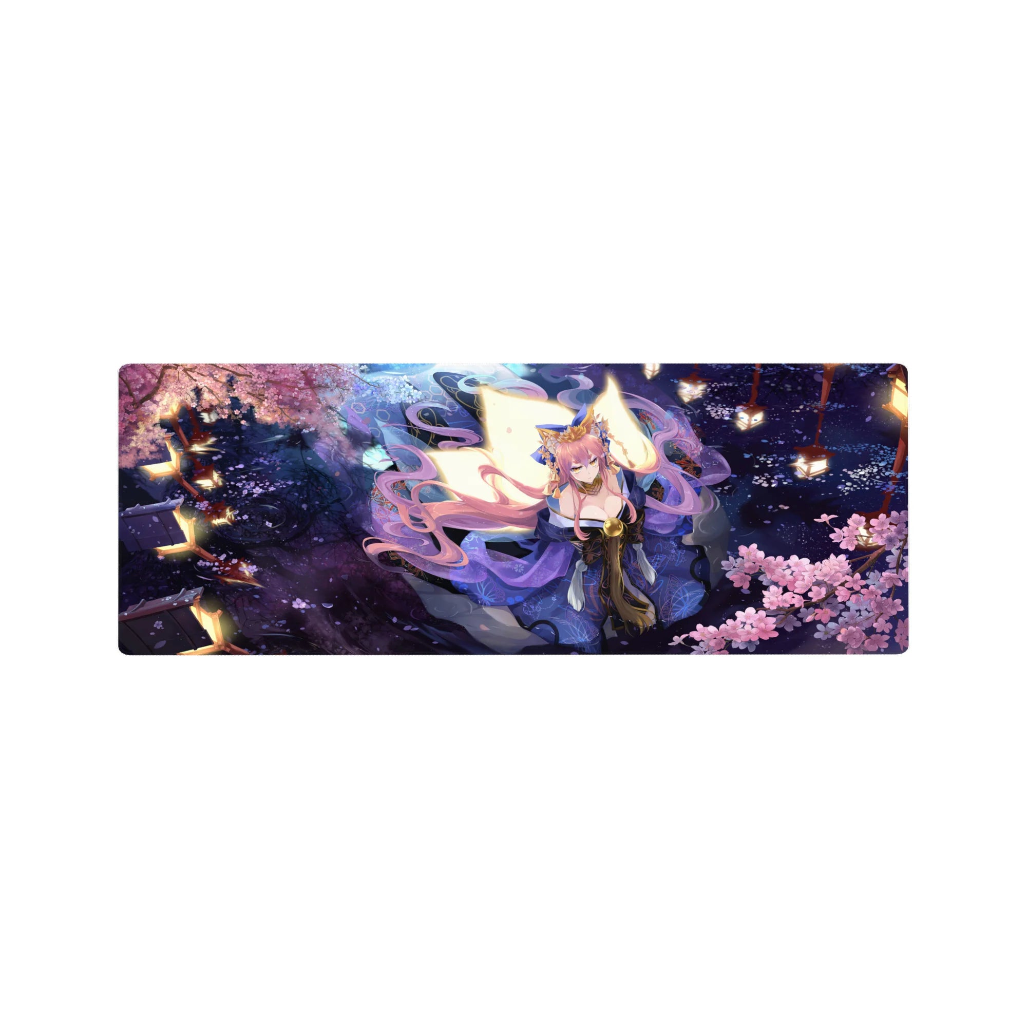 32x12 inches anime girl mouse pad with lantern-lit festival scene, sakura petals, and kimono details.
