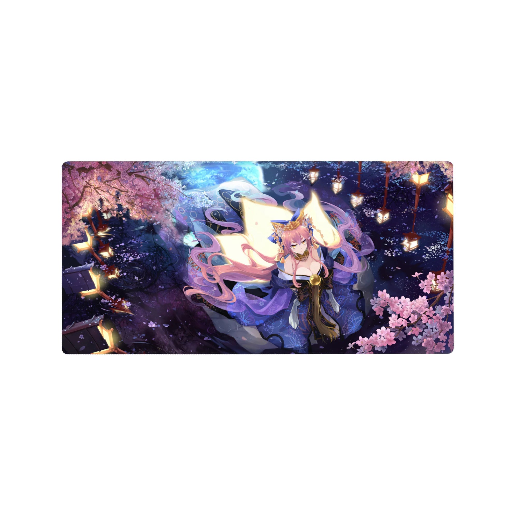 32x16 inches anime girl mouse pad with lantern-lit sakura festival design, kimono patterns, gold highlights.