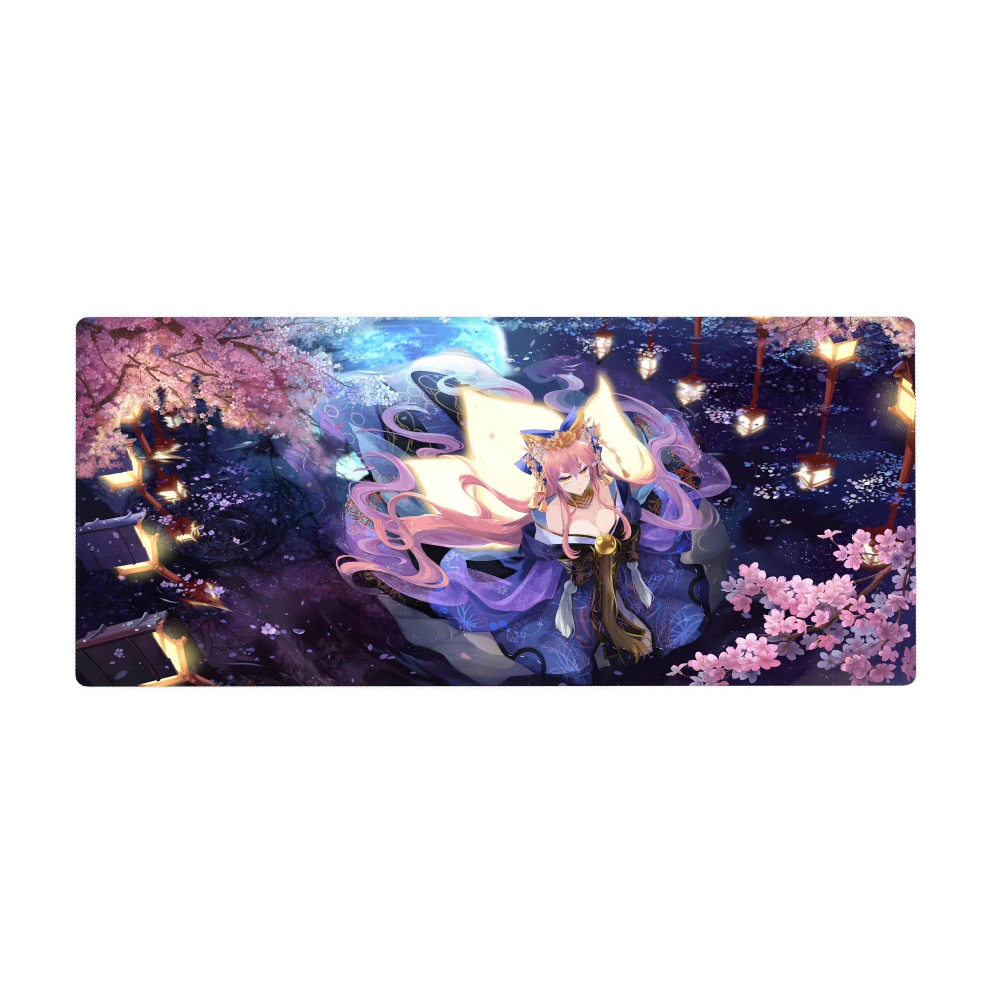 36x16 inches anime girl desk pad with lantern-lit festival scene, sakura petals, and ornate kimono details.