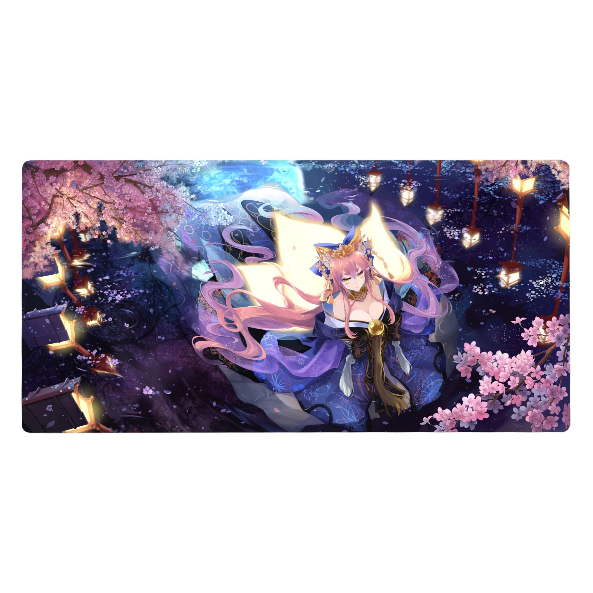 Anime girl desk pad 40x20 inches with sakura petals, lantern festival vibe, and kimono details.