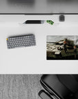 Anime girl mouse pad 14x10 inches in dusty greys and muted khaki, cinematic cozy ruins with ember specks.