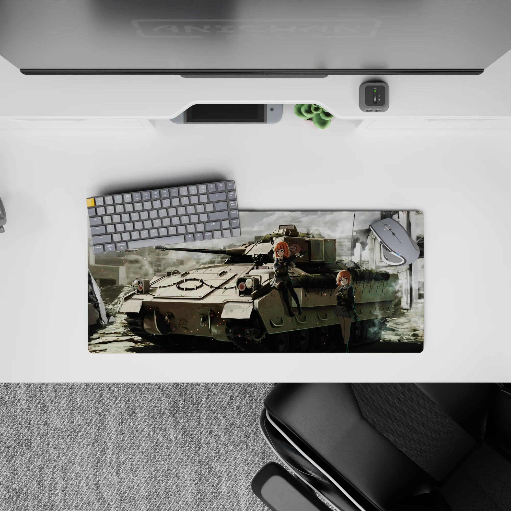 28x12 inches anime girl mouse pad in dusty greys and muted khaki with ember specks, cozy cinematic vibe.