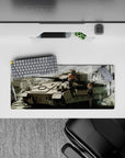 28x12 inches anime girl mouse pad in dusty greys and muted khaki with ember specks, cozy cinematic vibe.