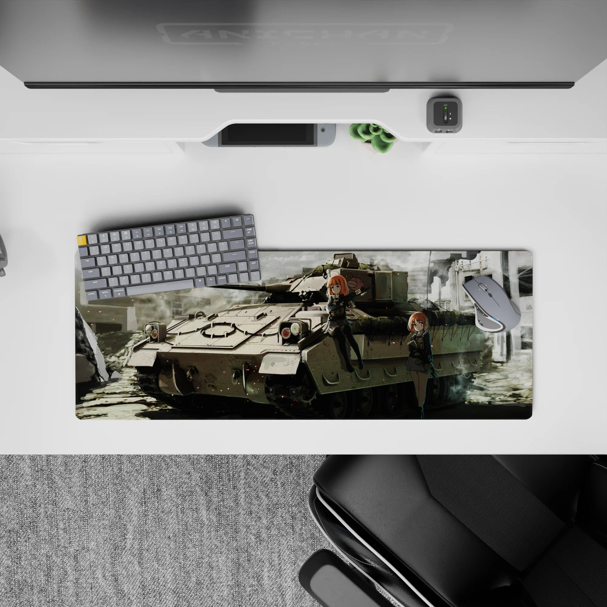 Anime girl mouse pad 32x12 inches in dusty grey and muted khaki, cozy chaos vibe with ember specks.