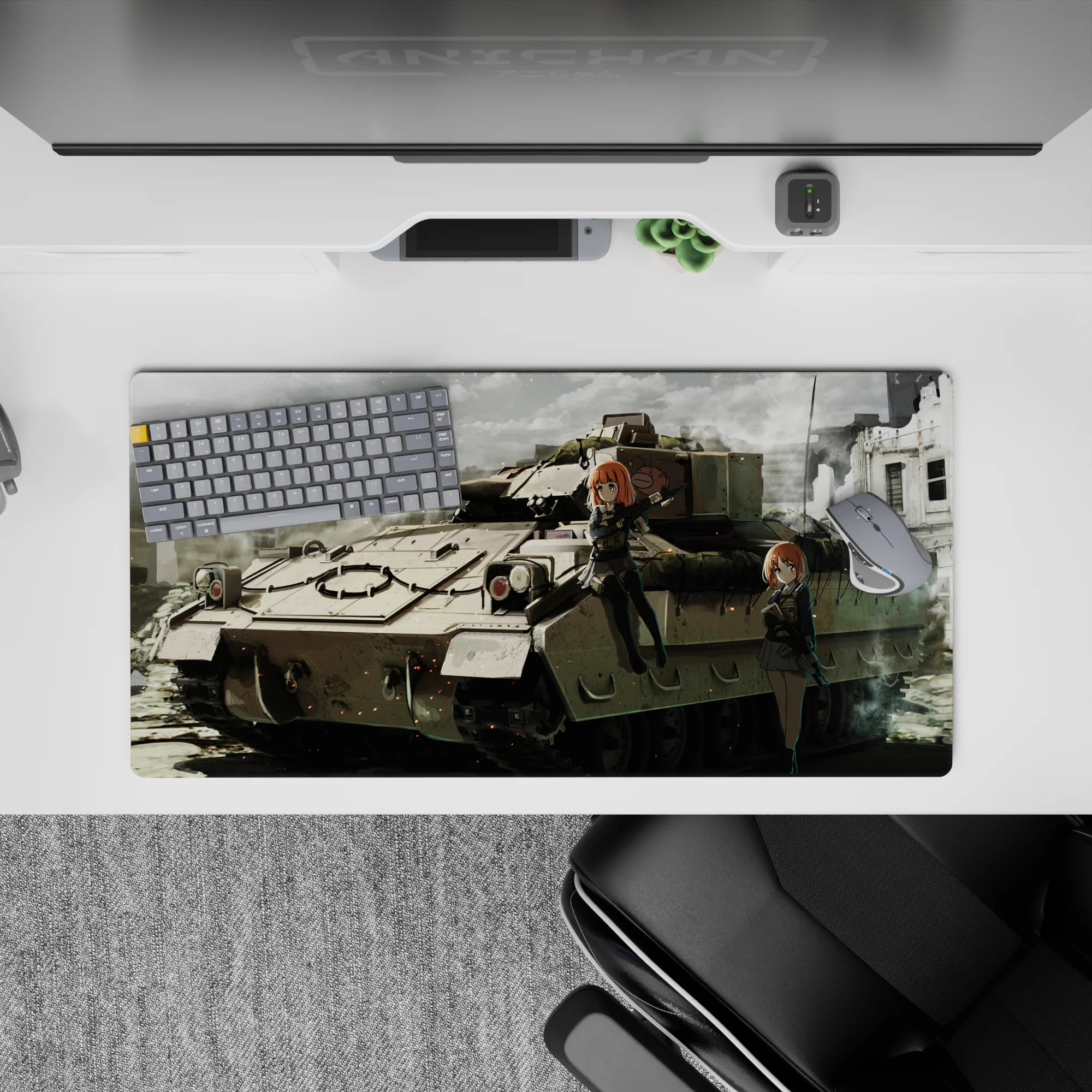 32x16 inches anime mouse pad in dusty greys and muted khaki, cozy cinematic ruins with ember specks.