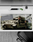 32x16 inches anime mouse pad in dusty greys and muted khaki, cozy cinematic ruins with ember specks.