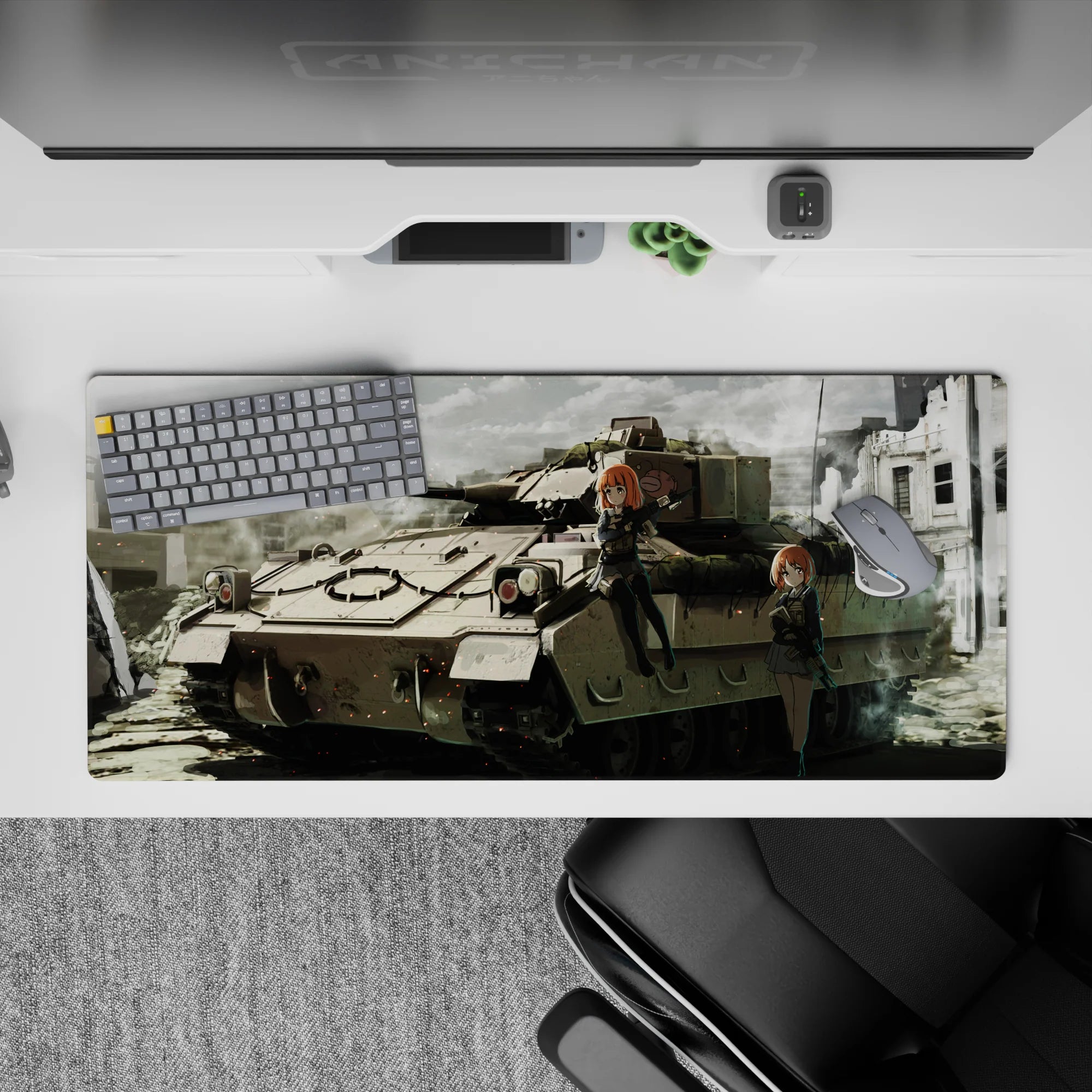 36x16 inches anime girl desk pad in dusty greys and muted khaki, cinematic ruins vibe with ember specks.