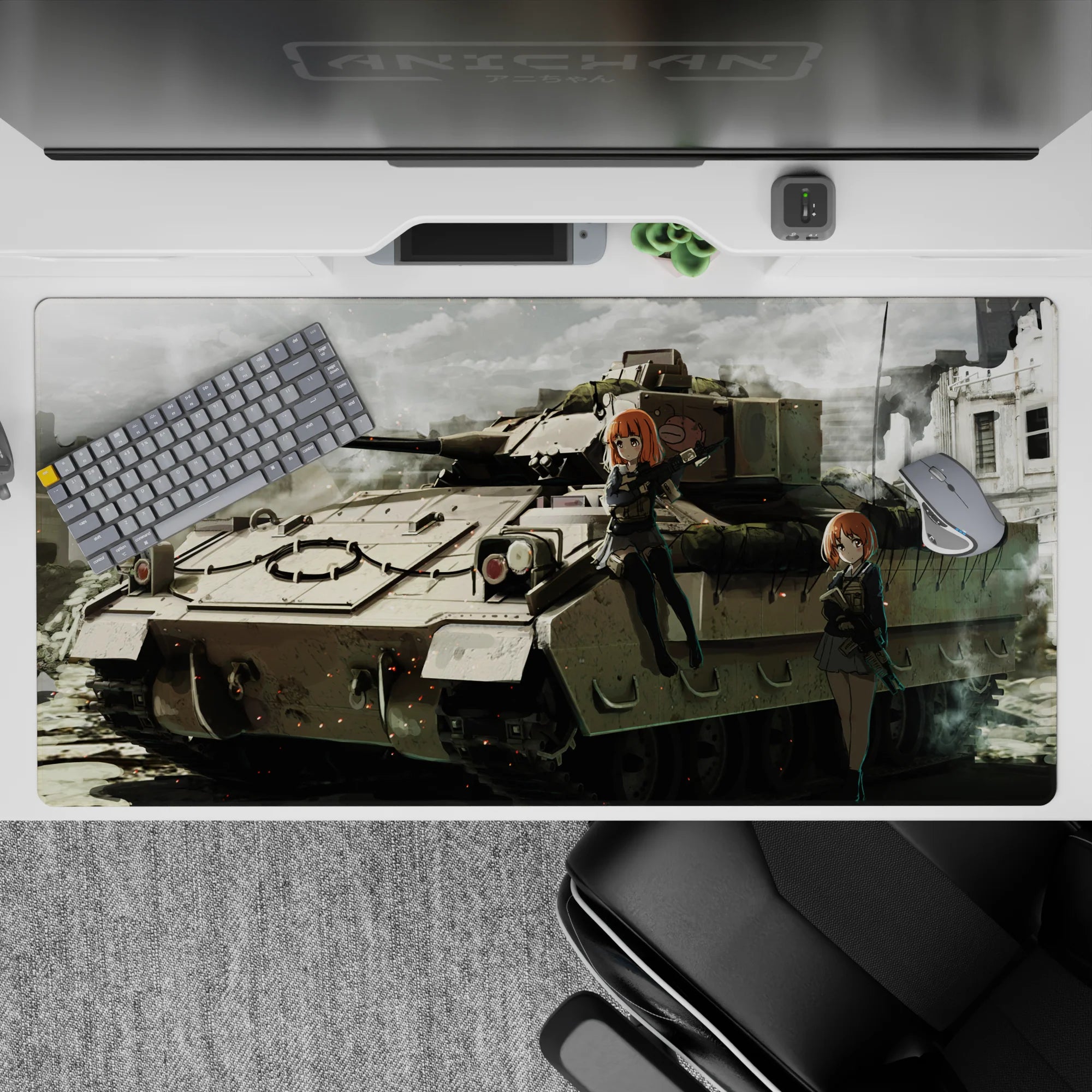 Cinematic dusty greys and muted khaki anime desk pad 40x20 inches with cozy chaos ember-speck mood.
