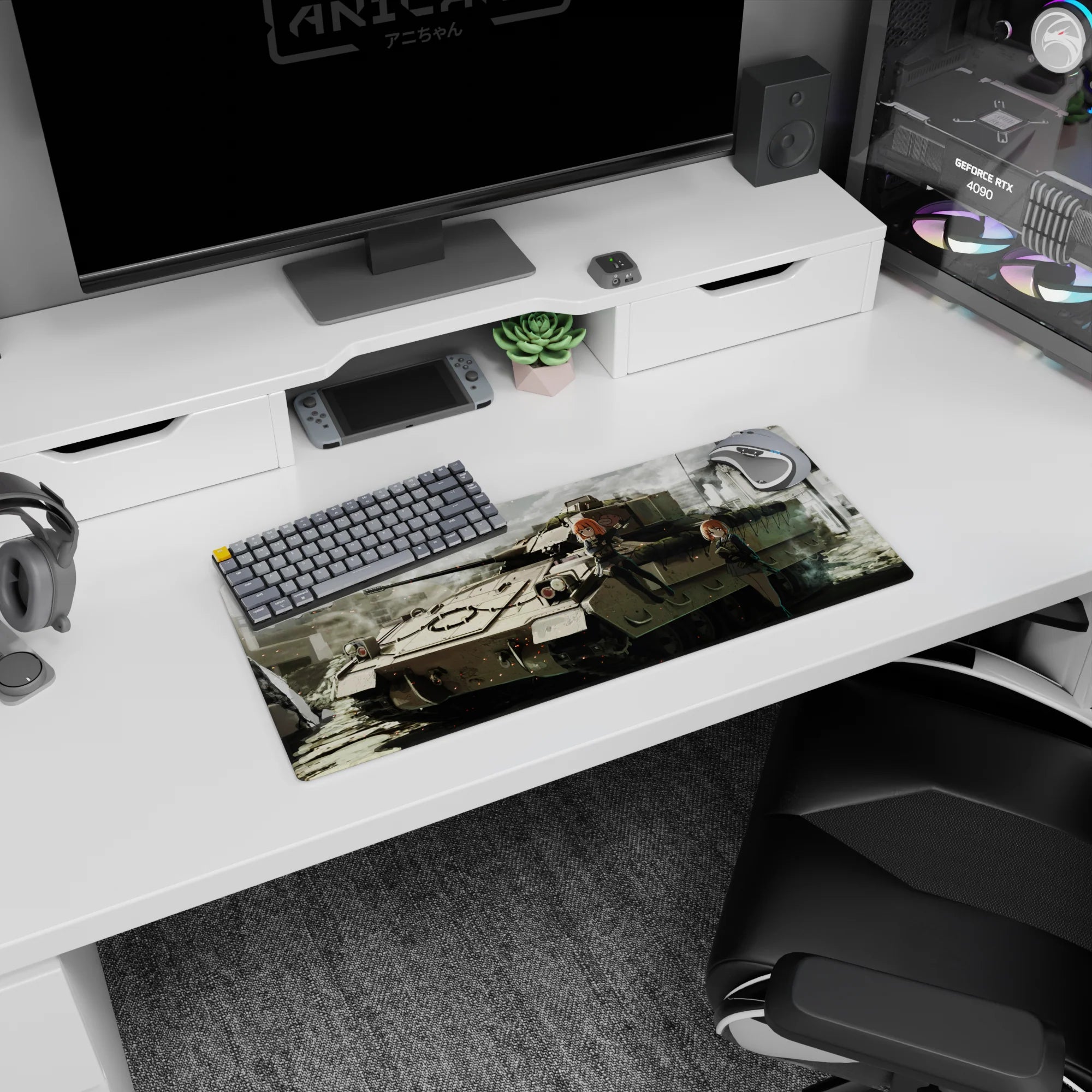 28x12 inches anime girl mouse pad showing two orange-haired girls with rifles lounging on a tank in ruins.